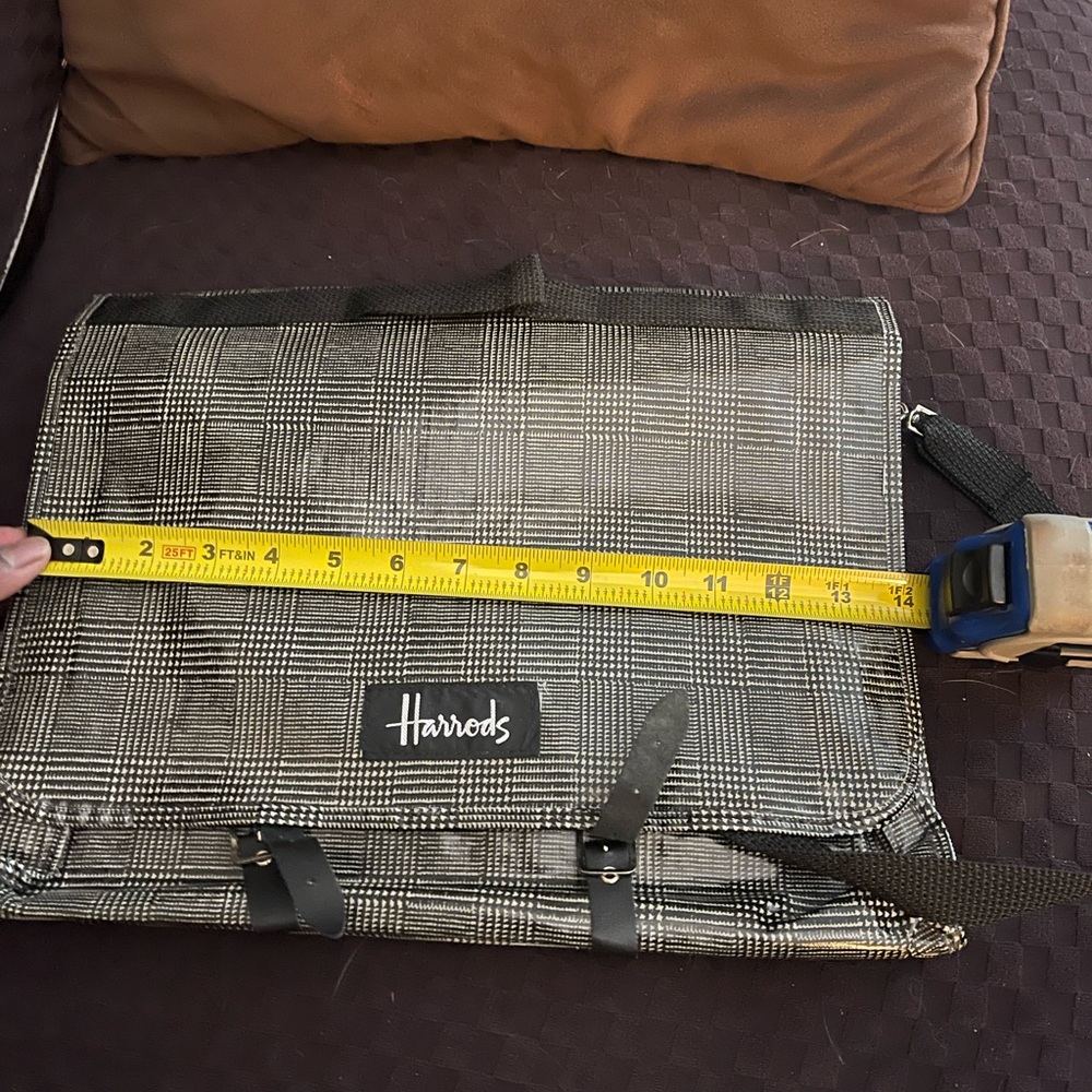 Harrods laptop bag black and white vinyl used long strap and top strap